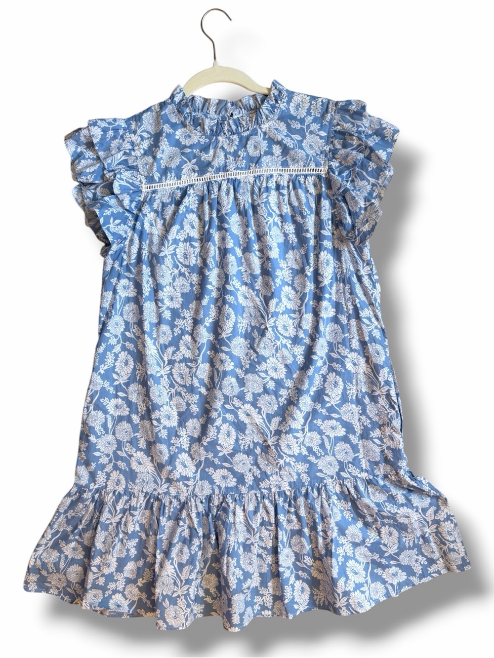 Pinch Blue and White Floral Cotton Flutter Sleeve Ruffle Mini Dress